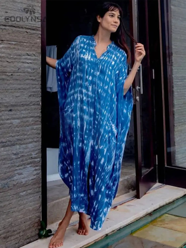 Casual Bikini Cover-ups Blue Tunic Striped Front Open Summer Beach Dress