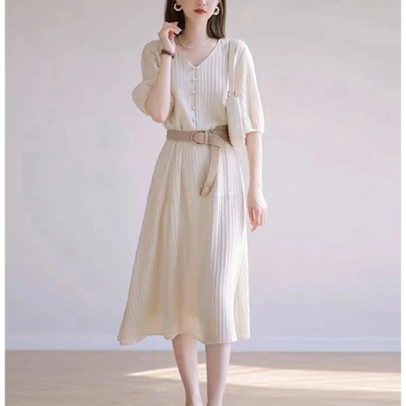 Fashion V-neck Folds Waist Elegant Midi Dress Half Sleeve