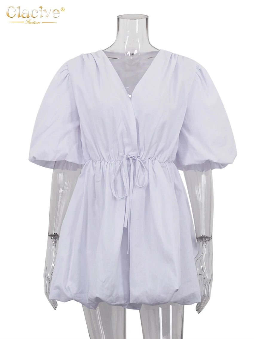 Summer Loose White Cotton Casual V-Neck Short Sleeve Mini Dresses