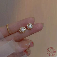 ilver French Vintage Zircon Pearl Flower Stud Earrings