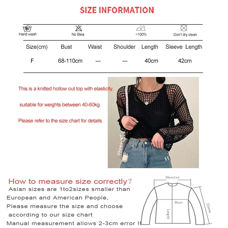 Casual Knit T-shirts Long Sleeve Hollow Out Smock Top Streetwear