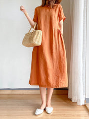 Summer Casual Loose Short Sleeve A-LINE Oversize Solid Midi Dress