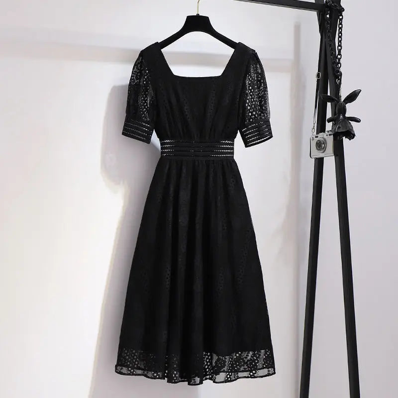 Fashion Style Black Square Collar Dress Lace Short Sleeve