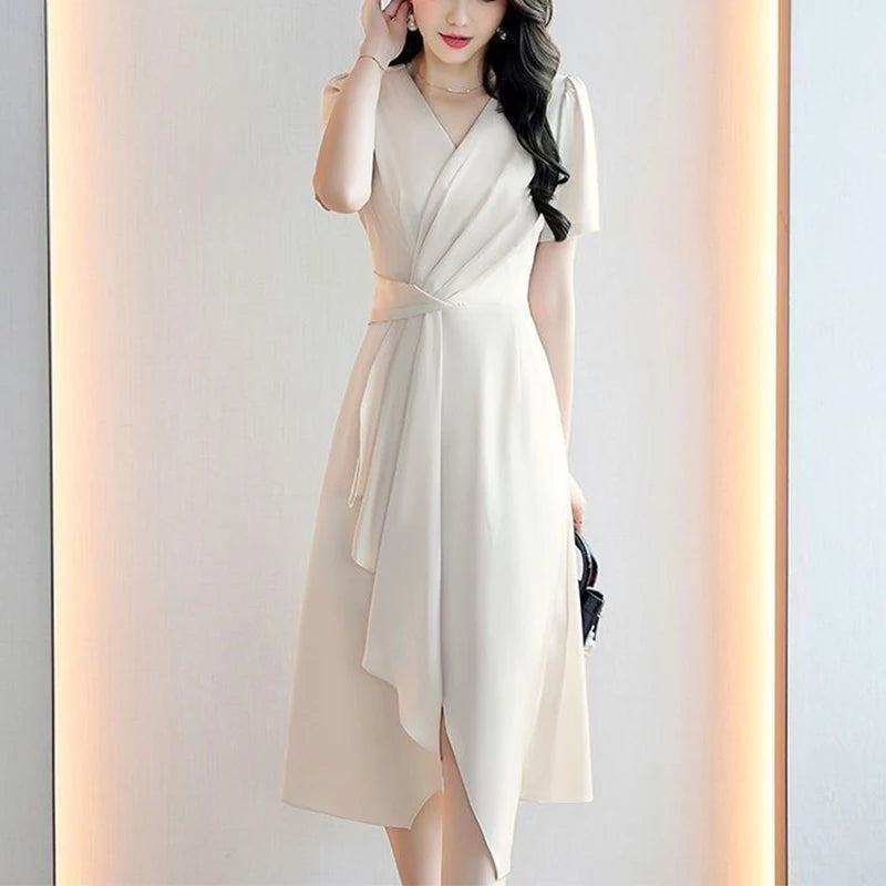 Summer V-neck Elegant Fashion Folds Waist Dress Lady Short Sleeve