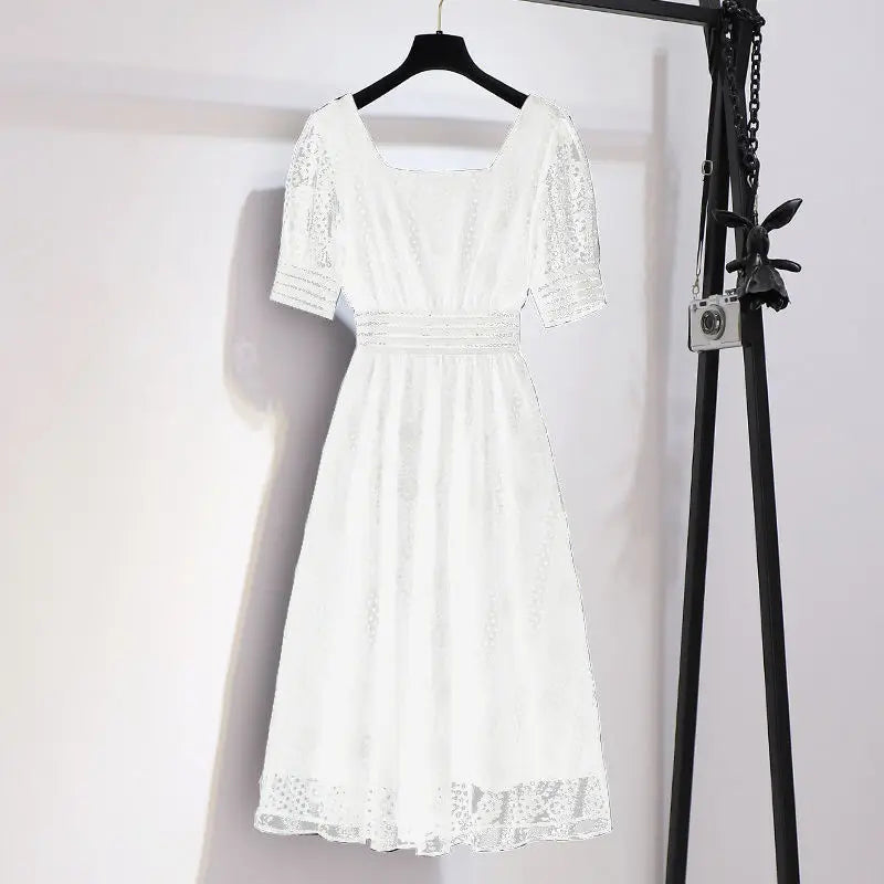 Fashion Style Black Square Collar Dress Lace Short Sleeve
