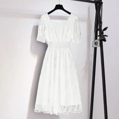 Fashion Style Black Square Collar Dress Lace Short Sleeve