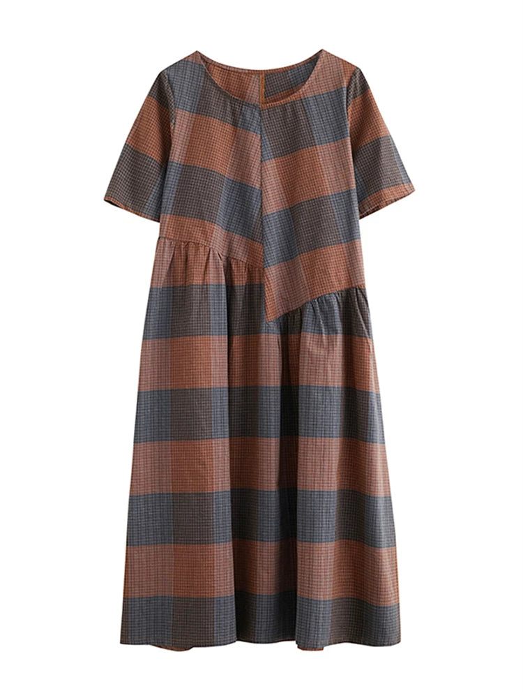 Short Sleeve Summer Plaid Dresses Casual Vintage Fashion