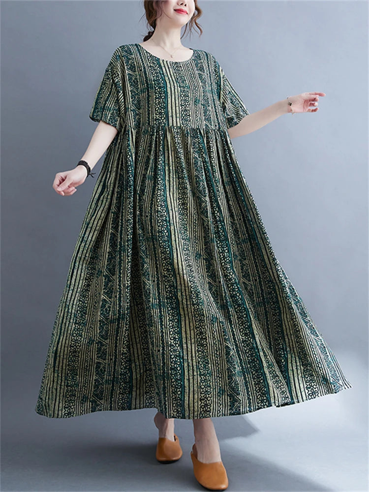 Oversized Vintage Cotton Linen Striped Dresses Casual Fashion