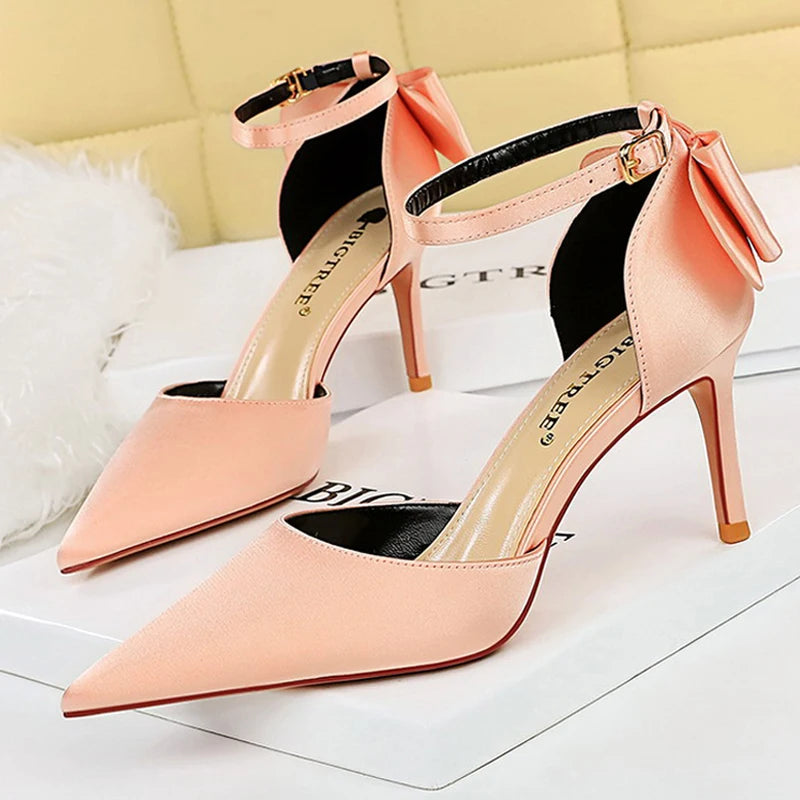 Bow-knot Kitten Heels Pumps Satin Stiletto Party Shoes