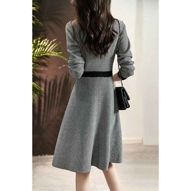 Vintage Houndstooth Elegant Fashion Dress Ladies Knitting
