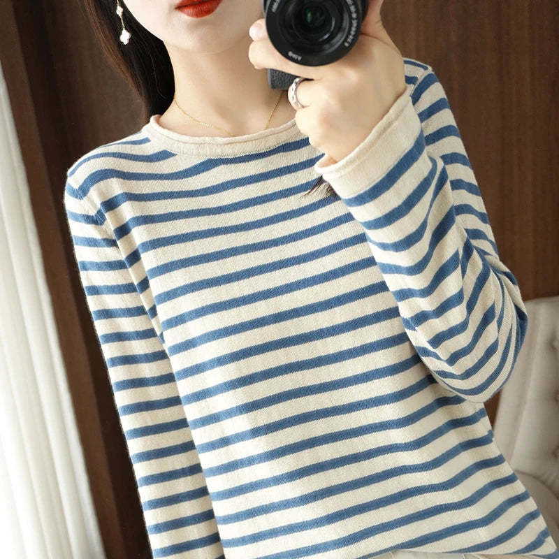 Sweater Curled O-neck Strip Pullover Casual Knit Clothing Fashion