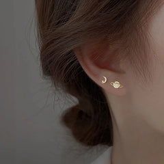 Simple Piercing Stud Earrings for Women Star Moon Fine Jewelry