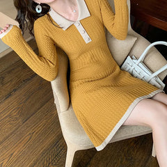 Contrast Color Fashion Midi High Street Casual Slim Knitting Dress