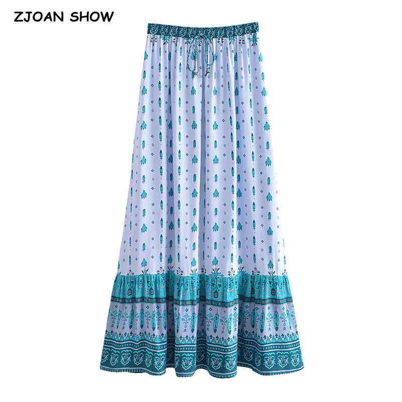 BOHO Light blue Contrast Small Flower Print Long Skirt