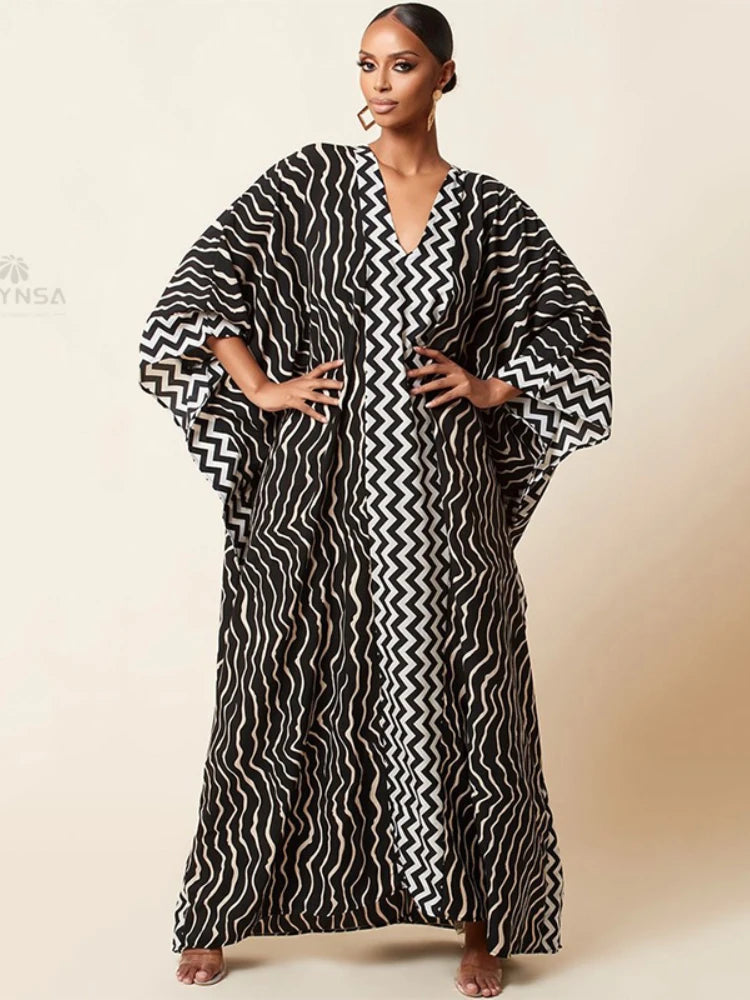 Retro Striped Batwing Sleeve Plus Size Loose Maxi Dress