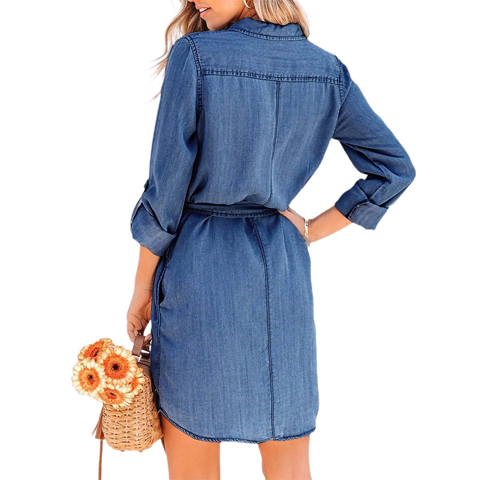 Long Sleeve Denim Long Pocket Button Shirt Print Dress