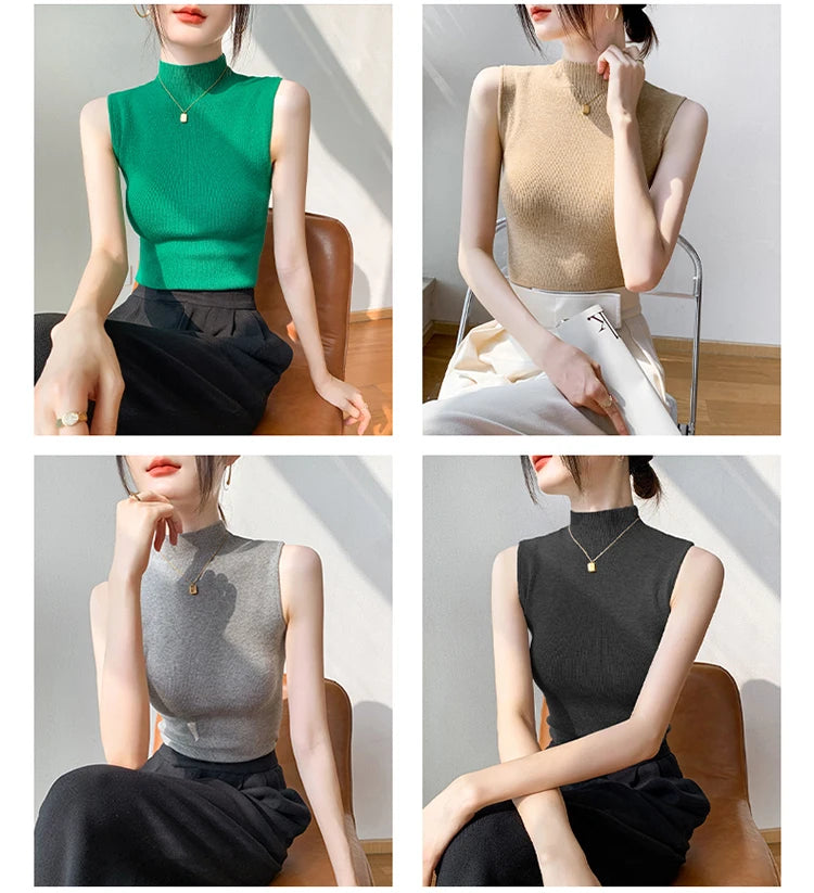 Summer Turtleneck Tank Tops Sleeveless Solid Slim Top