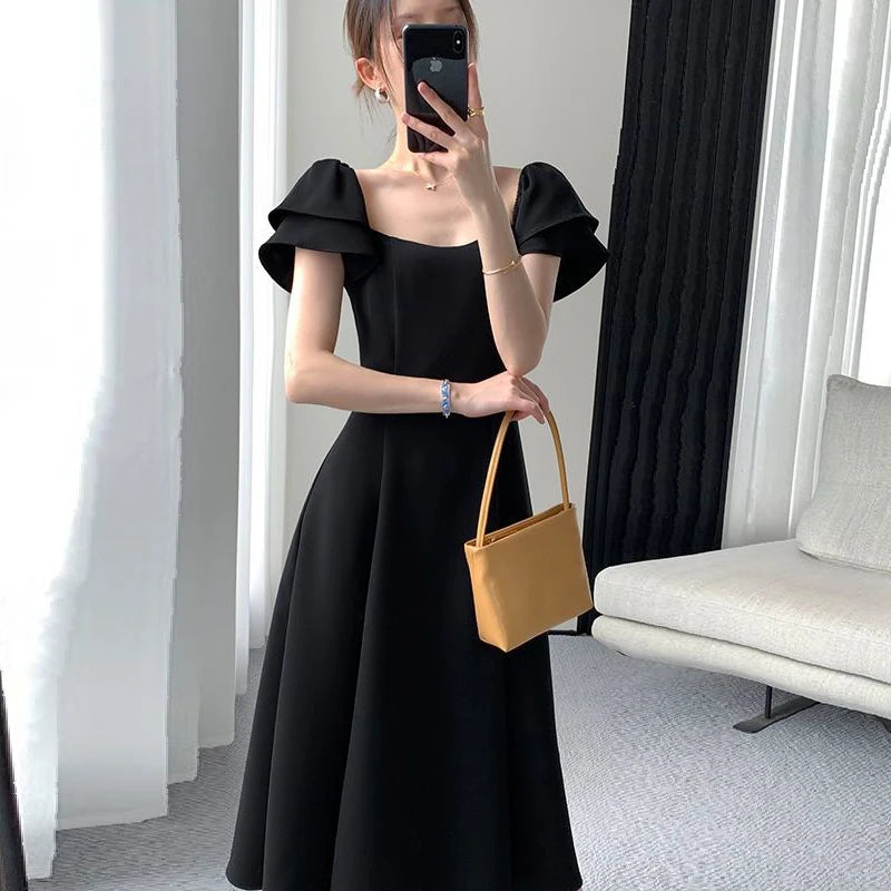 Style Black Waist A-line Dress Lady Short Sleeve Elegant Fashion