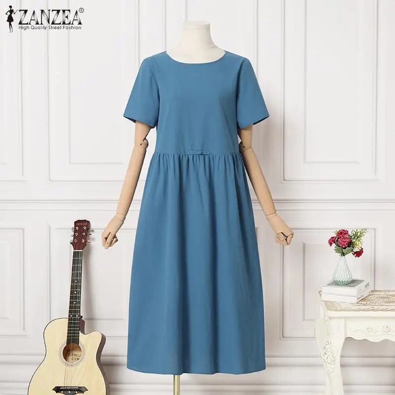 Women Vintage Cotton Dress Summer Solid Midi Robe Casual Short Sleeve