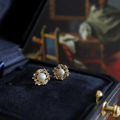 Plated Stud Vintage Pearl Flower Micro-Set Zircon Earrings