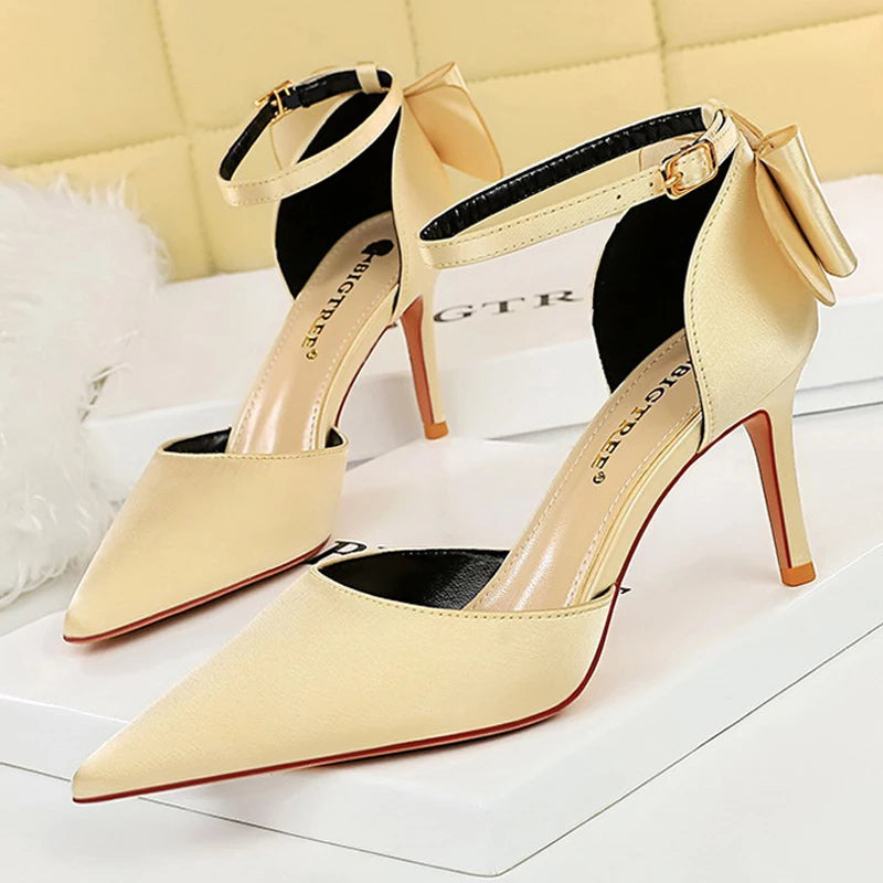 Bow-knot Kitten Heels Pumps Satin Stiletto Party Shoes