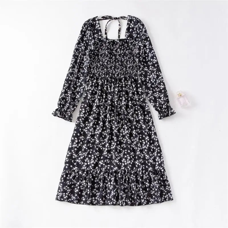 Chiffon Long Sleeve Fashion Printed Floral Midi Casual Dress