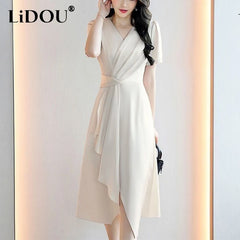 Summer V-neck Elegant Fashion Folds Waist Dress Lady Short Sleeve