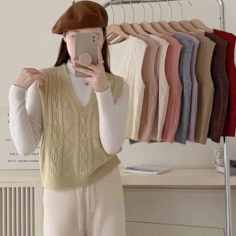 Women V-neck Sweater Vest Solid Sleeveless Preppy Style
