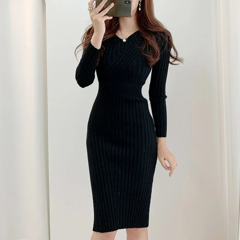 Vintage Long Sleeve Knitted Retro V-neck Dress