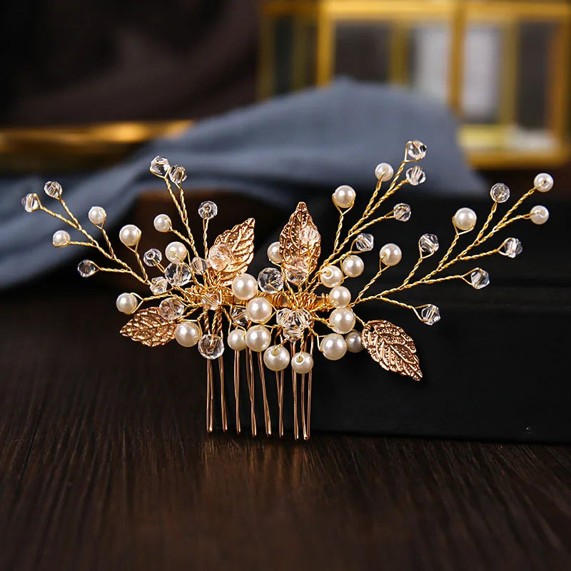 Crystal Pearl Hair Comb Clip Pin Alloy Leaf Hair Comb