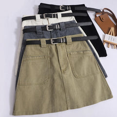 Vintage High Waist With Belt Casual A-line Skirts With Pocket