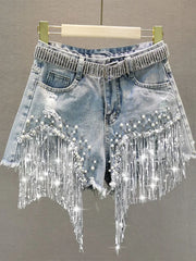 Summer Elegant Shorts Tassel Beading High Waist Wide Leg Denim Shorts