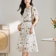 V-neck Elegant Fashion Floral Printed Midi Dress