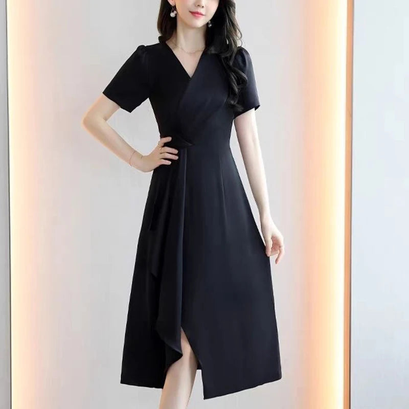 Summer V-neck Elegant Fashion Folds Waist Dress Lady Short Sleeve