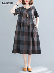Short Sleeve Summer Plaid Dresses Casual Vintage Fashion