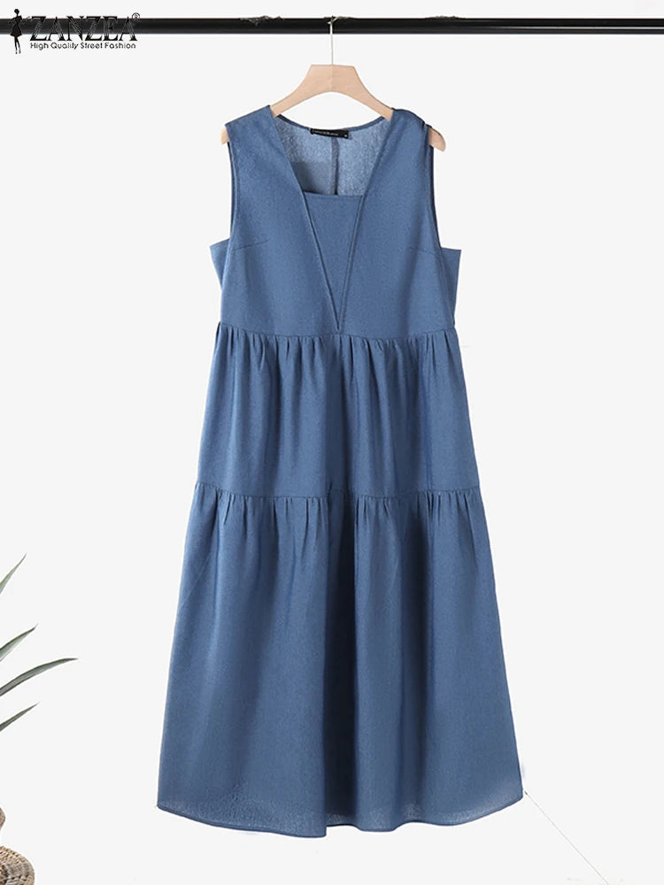 Fashion Women Sleeveless Denim Blue Sundress Stylish Ruffles