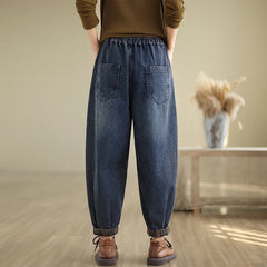 Patchwork Jeans Elastic Waist Loose Casual Retro Ankle Length Trouser