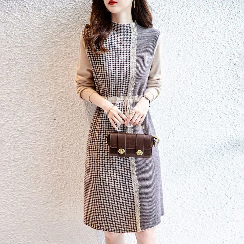 High Collar Houndstooth Lace Patchwork Knitting Dress