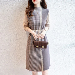 High Collar Houndstooth Lace Patchwork Knitting Dress
