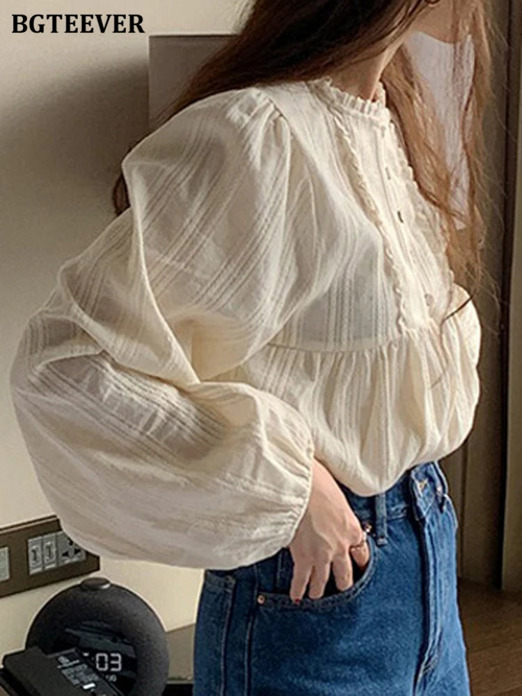 Chic Elegant O-neck Buttons Blouses Tops Long Sleeve