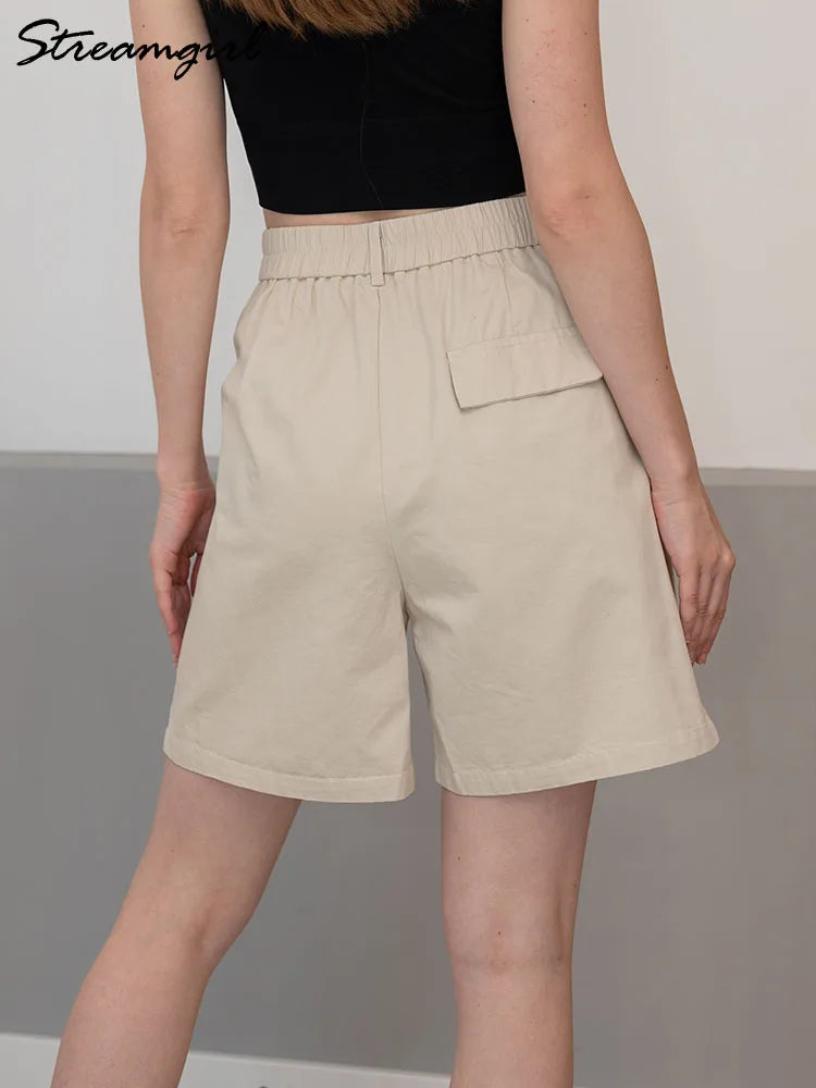 Casual Wide Leg Cotton High Waist Loose A Line Short Pants