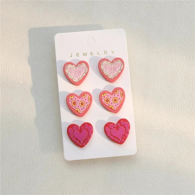 3Pairs/set Heart Stud Earrings for Women Colorful Jewelry Accessories