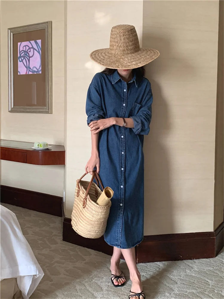 Casual Denim Long Sleeve Cardigan Shirt Long Dresses