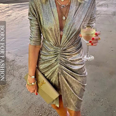 Elegant Bright Long Sleeve Ruched Mini DressDeep V Slit Evening Dress