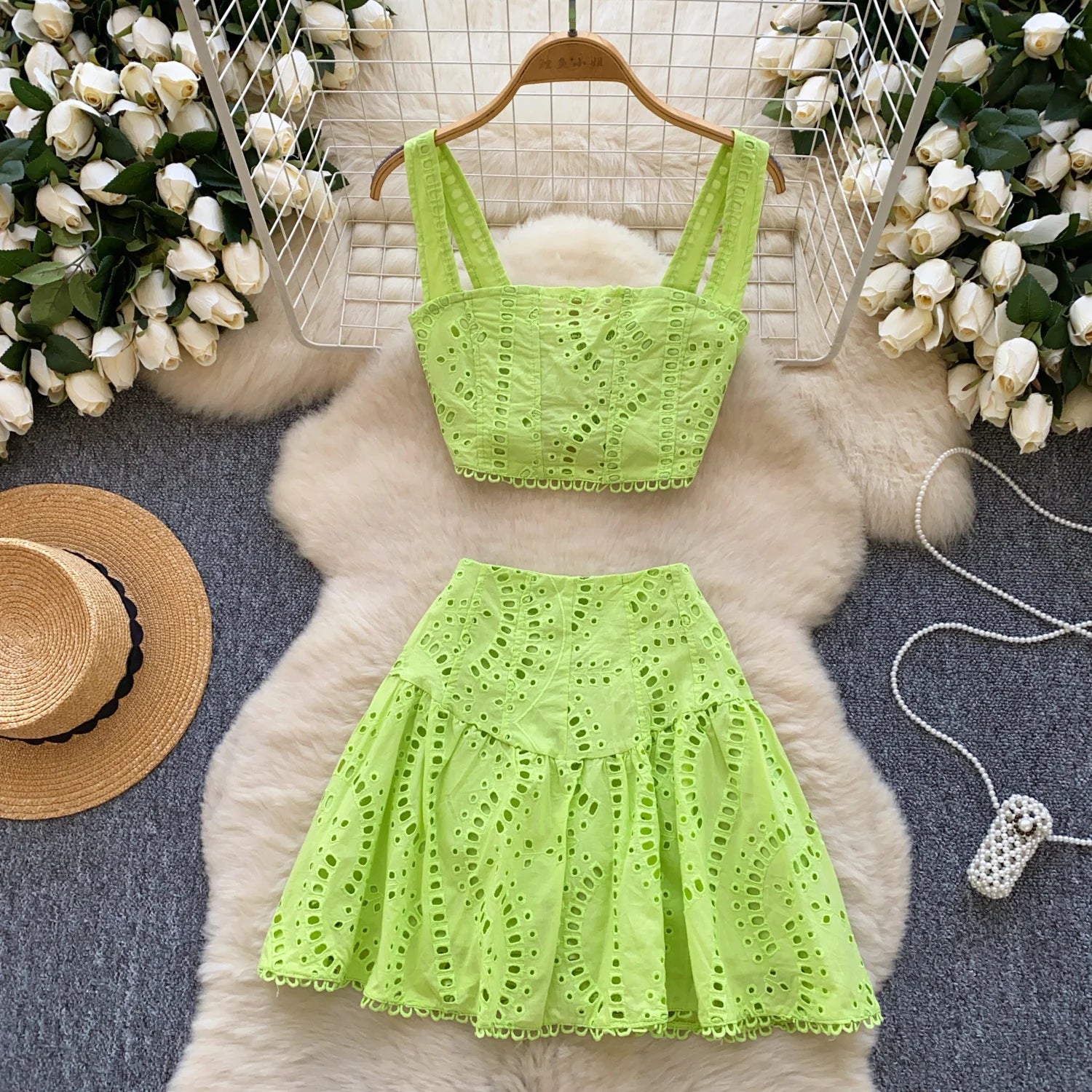 Two Piece Sets Summer Crop Tops Short Skirts Suits Embroidery