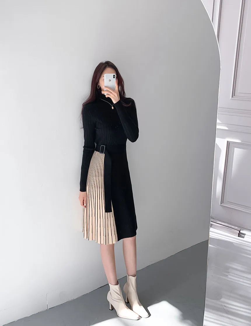 Vintage Elastic Knitted Sweater Midi Dresses Fashion Office Style