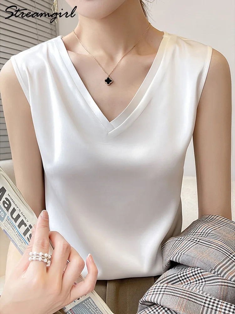 Silk Sleeveless Satin Basic V Neck White Blouses