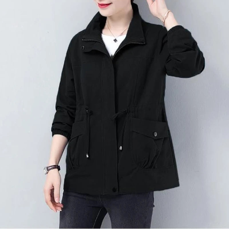 Double Layer Plus Size Lining Windbreaker Drawstring Waist Stand Collar Jacket