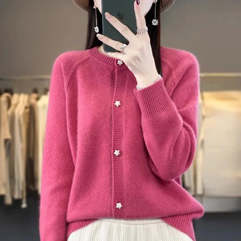 women's O-neck cardigan loose long-sleeved sweater top