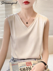 Silk Sleeveless Satin Basic V Neck White Blouses